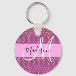 Glam Fuchsia Metallic Rosa Honeycomb Monogram Namn Nyckelring