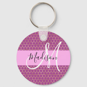 Glam Fuchsia Metallic Rosa Honeycomb Monogram Namn Nyckelring