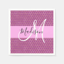 Glam Fuchsia Metallic Rosa Honeycomb Monogram Namn Pappersservett