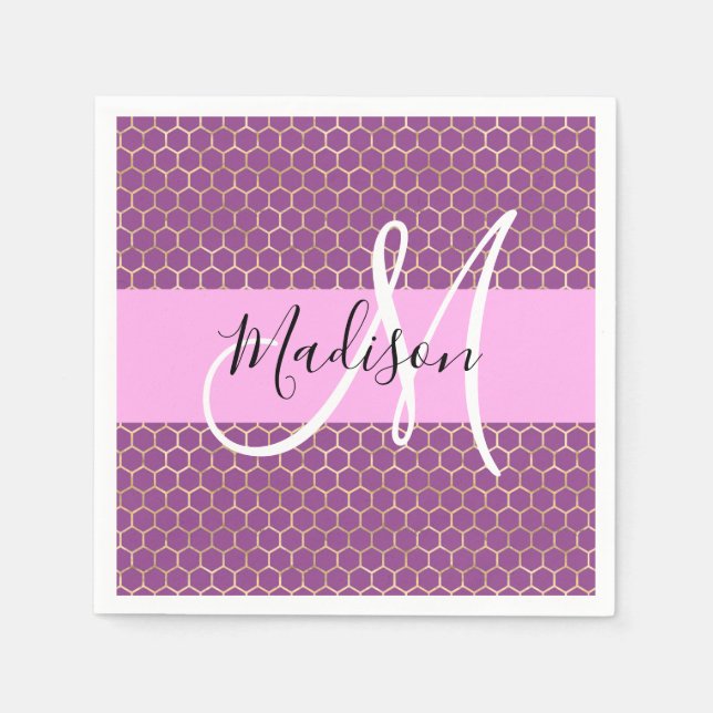 Glam Fuchsia Metallic Rosa Honeycomb Monogram Namn Pappersservett (Framsidan)