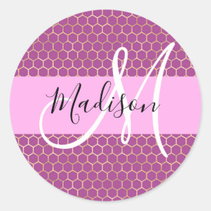 Glam Fuchsia Metallic Rosa Honeycomb Monogram Namn Runt Klistermärke