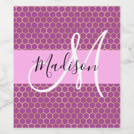 Glam Fuchsia Metallic Rosa Honeycomb Monogram Namn Vinflaska Etikett