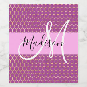 Glam Fuchsia Metallic Rosa Honeycomb Monogram Namn Vinflaska Etikett