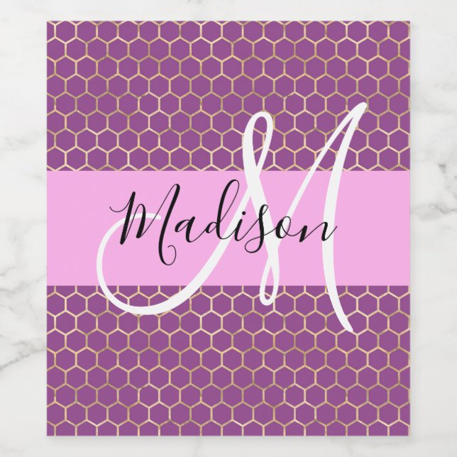 Glam Fuchsia Metallic Rosa Honeycomb Monogram Namn Vinflaska Etikett (Singel etikett)