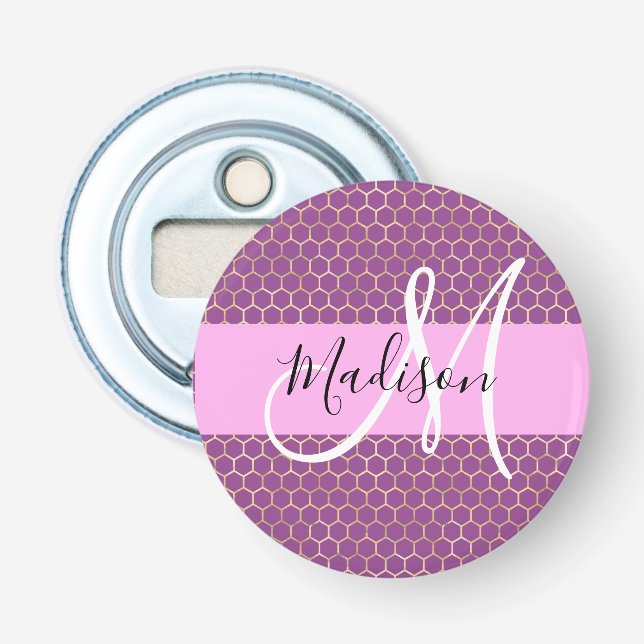 Glam Fuchsia Metallisk Rosa Bikakemönster Monogram Flasköppnare (Framsidan)