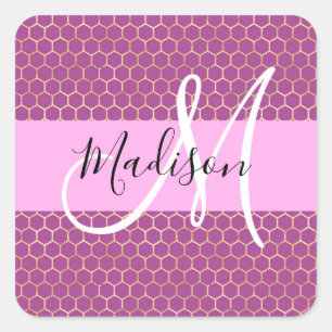 Glam Fuchsia Metallisk Rosa Bikakemönster Monogram Fyrkantigt Klistermärke