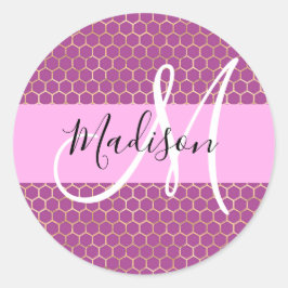 Glam Fuchsia Metallisk Rosa Bikakemönster Monogram Runt Klistermärke