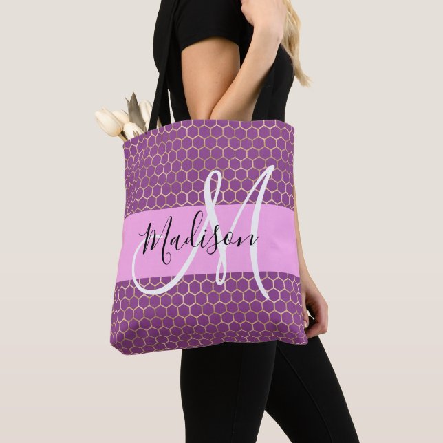 Glam Fuchsia Metallisk Rosa Bikupa Monogram Namn Tygkasse (Närbild)