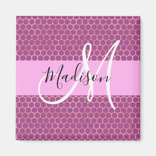 Glam Fuchsia Metallisk Rosa Bikupemönster Monogram Magnet