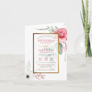 Glam Fuchsia Watercolor Rosor Vår bröllop Inbjudan