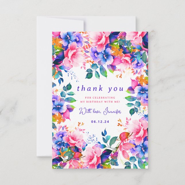 Glam Garden Watercolor Blommigt Birthday Tack (Framsida)