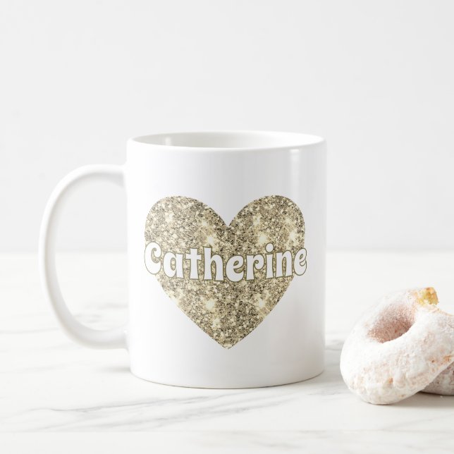 Glam Girly Guld Glitter Hjärt Namn  Kaffemugg (Med munk)