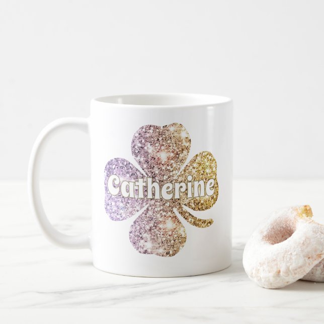 Glam Girly Guld Glitter Lycklig Klöver Namn  Kaffemugg (Med munk)