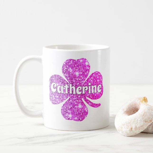 Glam Girly Het Roze Glitter Lucky Clover Naam  Kaffemugg (Med munk)