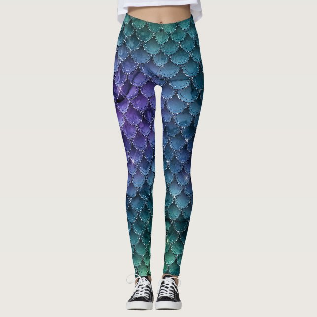 GLAM GIRLY OCEAN BLUE GLITTER SJÖJUNGFRU LEGGINGS (Framsida)
