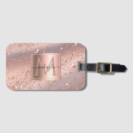 Glam Girly Ro Guld Flakes Gitter Monogram Bagagebricka