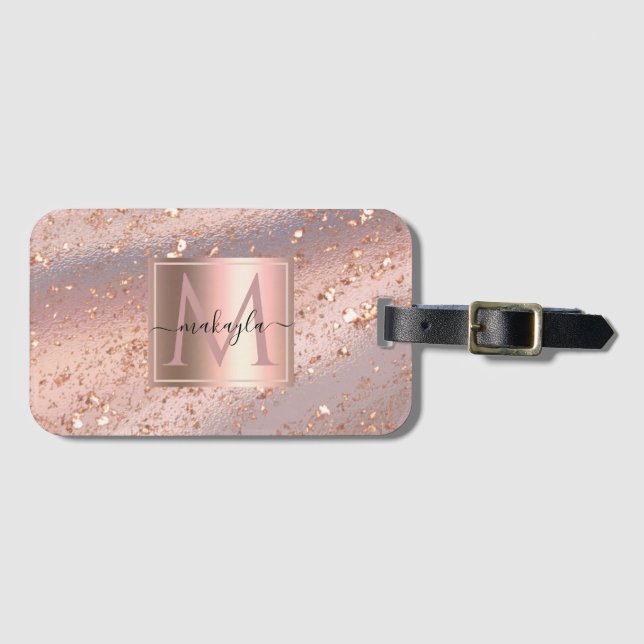 Glam Girly Ro Guld Flakes Gitter Monogram Bagagebricka (Framsida horisontal)