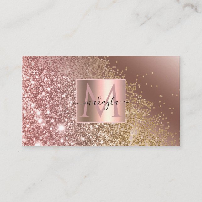 Glam Girly Ro Guld Gitter Design Namn Monogram Visitkort (Framsida)