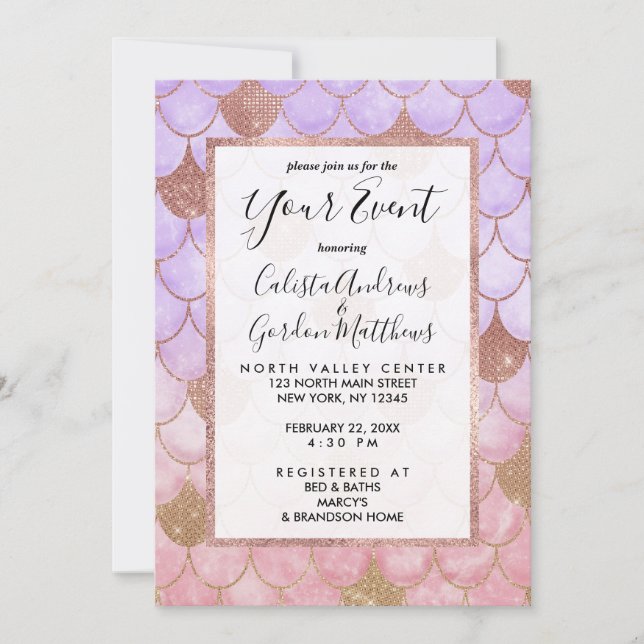 Glam Girly Ro Guld Glitter Sjöjungfru Scales Inbjudningar (Framsida)