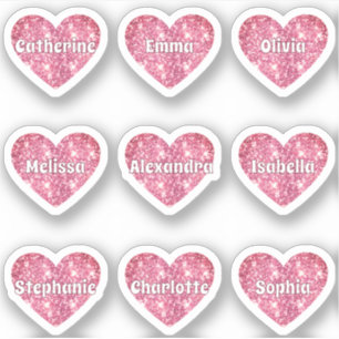 Glam Girly Rosa Glitter Hearts Namn Pack Klistermärken