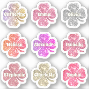 Glam Girly Rosa Glitter Lucky Klöver Namn Pack Klistermärken