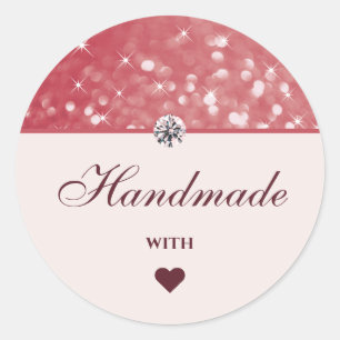 Glam Girly Rosa Glitter Stars Handmade med Kärlek Runt Klistermärke