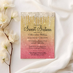 Glam girly rosa guld ombre glitter drops Sweet 16 Inbjudningar