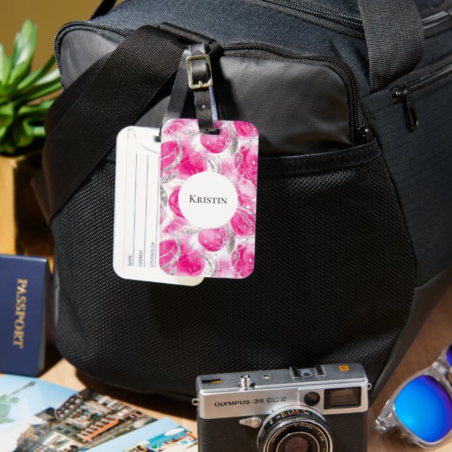 Glam Girly Rosa Silver Abstrakt Circles Bagagebricka (Framsida & Baksida)