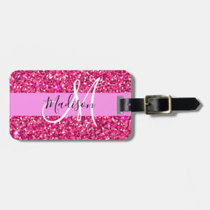 Glam Girly Shock rosa Glitter Sparkles Namn Monogr Bagagebricka