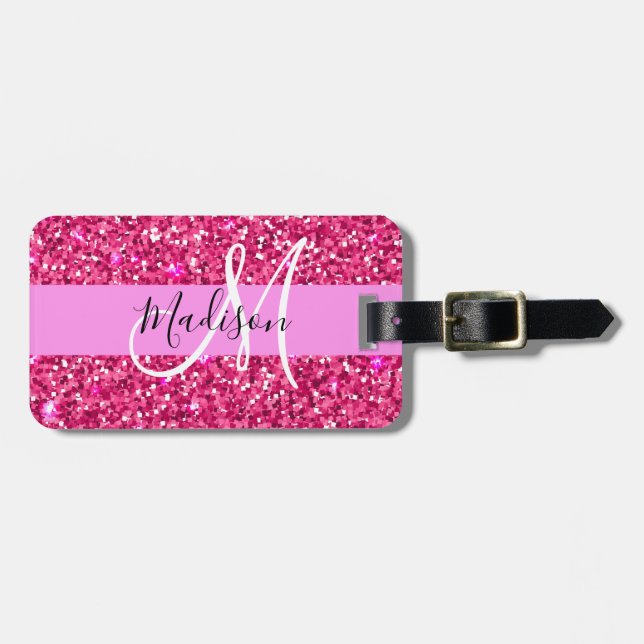 Glam Girly Shock rosa Glitter Sparkles Namn Monogr Bagagebricka (Horisontell Framsida)