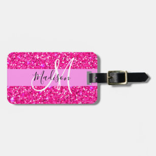 Glam Girly Shock rosa Glitter Sparkles Namn Monogr Bagagebricka