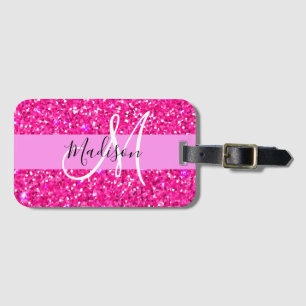 Glam Girly Shock rosa Glitter Sparkles Namn Monogr Bagagebricka