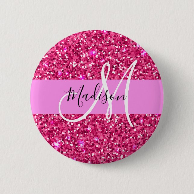 Glam Girly Shock rosa Glitter Sparkles Namn Monogr Knapp (Framsida)