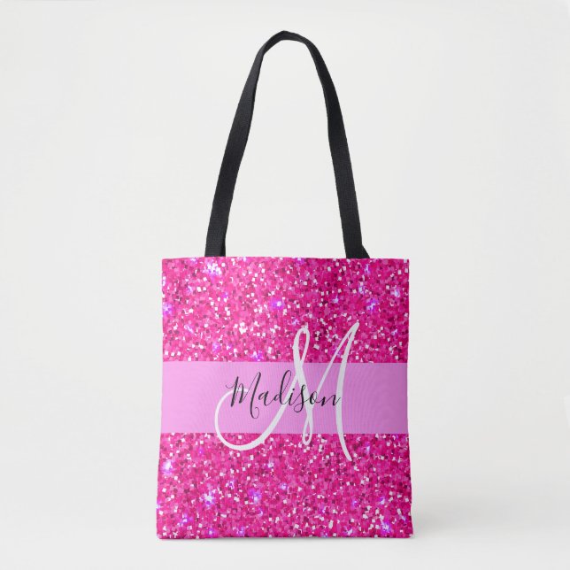 Glam Girly Shock rosa Glitter Sparkles Namn Monogr Tygkasse (Framsida)