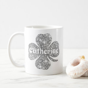Glam Girly Silver Glitter Lucky Clover Namn Kaffemugg