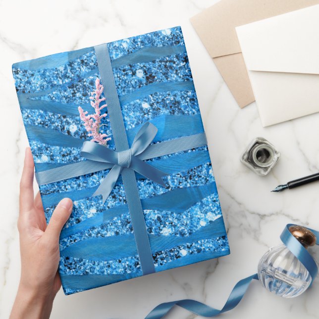 Glam Glitter Blue Zebra ränder Wrapping Papper Presentpapper (Gåvor)