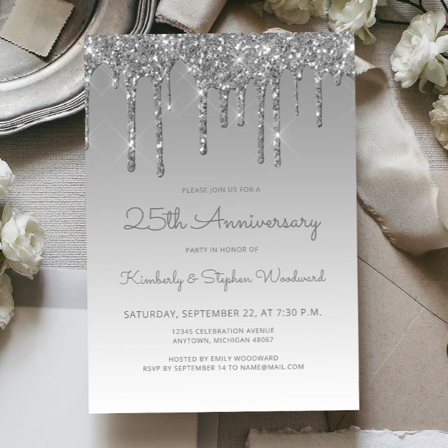 Glam Glitter Drip Silver 25-årsdagen Party Inbjudningar (Skapare uppladdad)