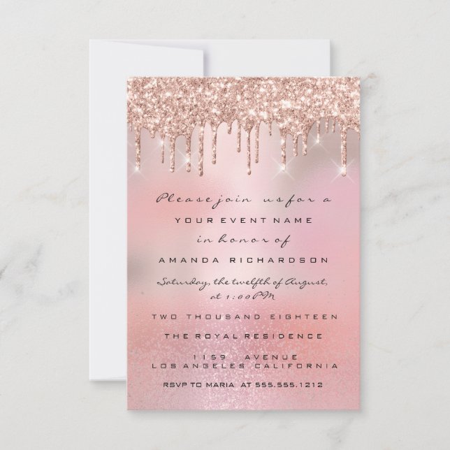 Glam Glitter Drips Rose Gold  Bröllop Sweet 16th Inbjudningar (Framsida)