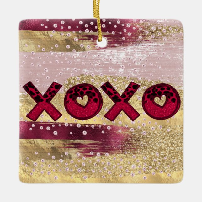 Glam Glitter Guld Red Luxe XOXO Valentiness Photo Julgransprydnad Keramik (Framsida)