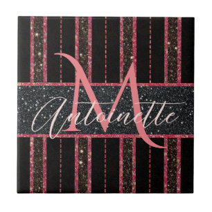 Glam Glitter Monogrammed Namn Black och Rosa Kakelplatta