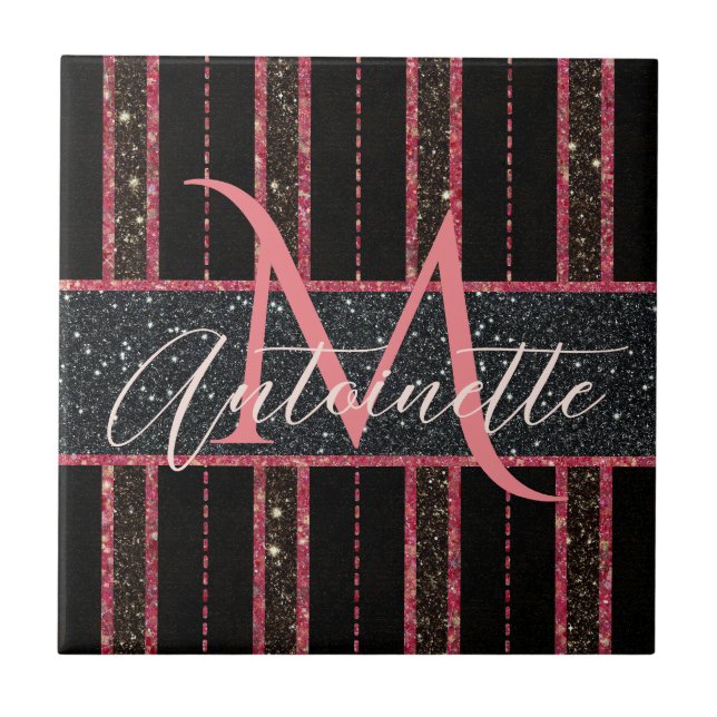Glam Glitter Monogrammed Namn Black och Rosa Kakelplatta (Framsidan)