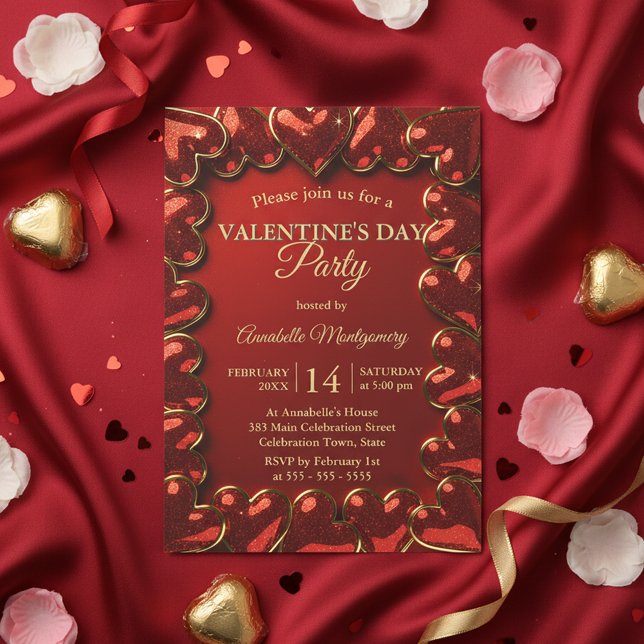 Glam Glitter Red Gold Hearts Valentine's Day Party Inbjudningar (Skapare uppladdad)