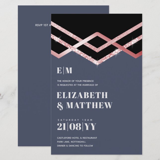 Glam Glitter Rosegold Black Deco bröllopsinbjudan (Fram/baksida)