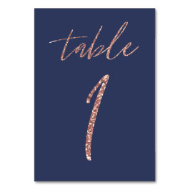 Glam glitter roséguld och blå bröllopsfest bordsnummer