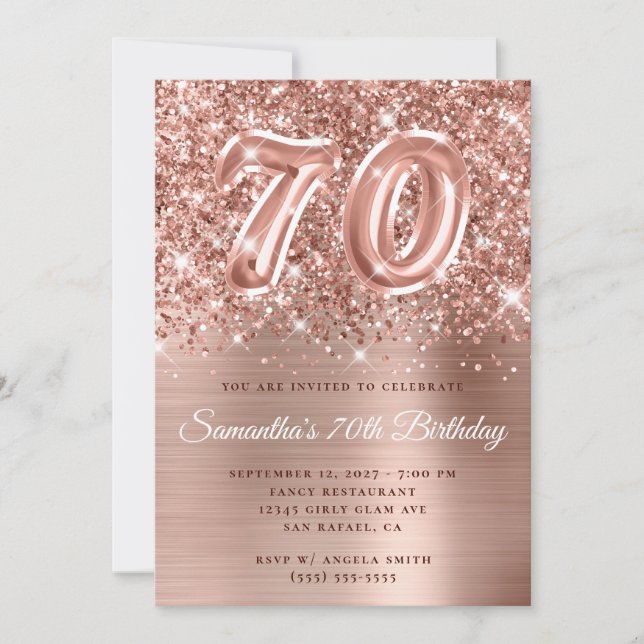 Glam Glittery Ro Guld nummer 70 födelsedag Inbjudningar (Framsida)