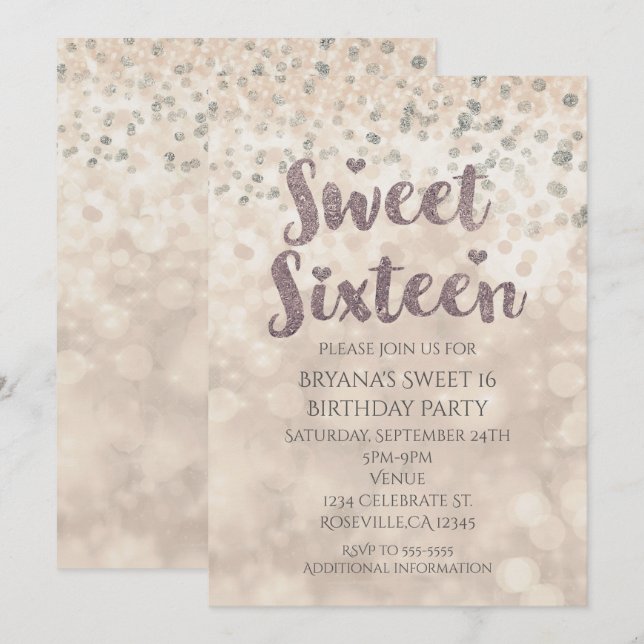 Glam Gnistra Confetti Sweet 16 födelsedagsinbjudan Inbjudningar (Fram/baksida)