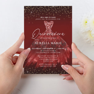 Glam Gnistra Guld Red Princess Dress Quinceanera Inbjudningar