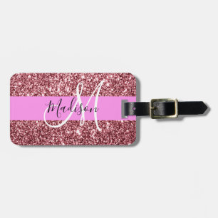 Glam Gnistra Monogram för Rosa ros Guld Glitter Bagagebricka