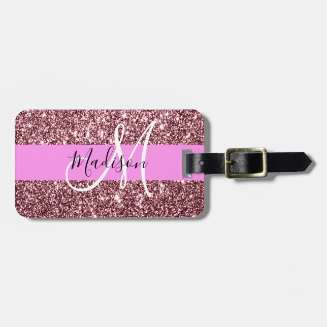 Glam  Gnistra Monogram för Rosa ros Guld Glitter Bagagebricka (Horisontell Framsida)