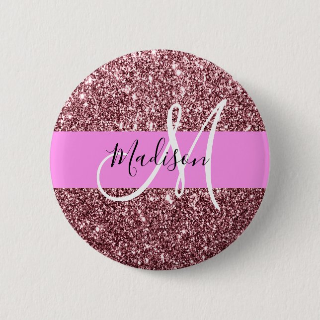Glam  Gnistra Monogram för Rosa ros Guld Glitter Knapp (Framsida)